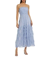 Mac Duggal Strapless Dotted Mesh A-Line Micro Ruffle Midi Dress