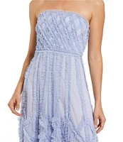 Mac Duggal Strapless Dotted Mesh A-Line Micro Ruffle Midi Dress