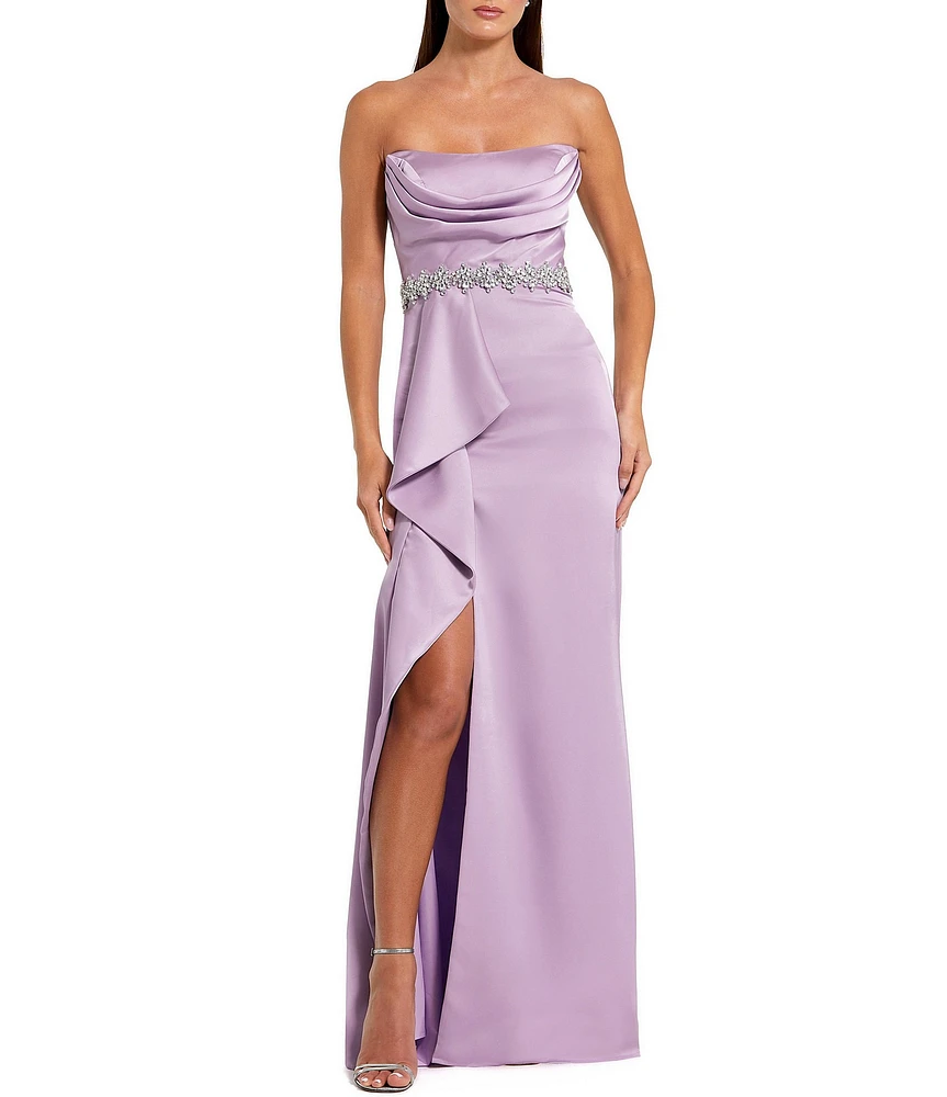 Mac Duggal Strapless Draped Bodice Ruffle Front Beaded Waist Satin Sheath Gown