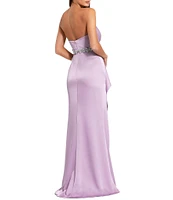 Mac Duggal Strapless Draped Bodice Ruffle Front Beaded Waist Satin Sheath Gown
