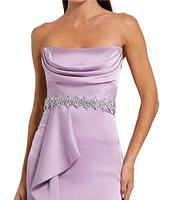 Mac Duggal Strapless Draped Bodice Ruffle Front Beaded Waist Satin Sheath Gown