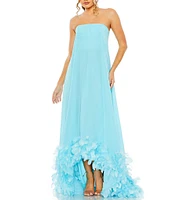 Mac Duggal Strapless Flare Feather Hem Gown