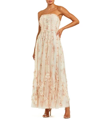 Mac Duggal Strapless Floral Print Micro Ruffle Mesh Maxi Dress