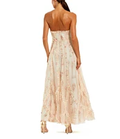 Mac Duggal Strapless Floral Print Micro Ruffle Mesh Maxi Dress