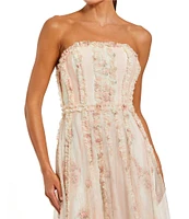Mac Duggal Strapless Floral Print Micro Ruffle Mesh Maxi Dress