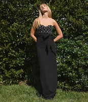 Mac Duggal Strapless Rhinestone Trim Bow Front Crepe Column Gown