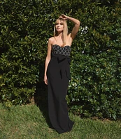 Mac Duggal Strapless Rhinestone Trim Bow Front Crepe Column Gown