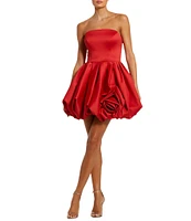 Mac Duggal Strapless Rose Bubble Hem Satin Mini Dress