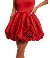 Mac Duggal Strapless Rose Bubble Hem Satin Mini Dress