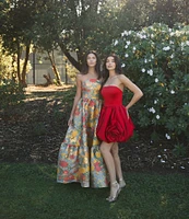 Mac Duggal Strapless Rose Bubble Hem Satin Mini Dress