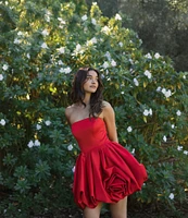 Mac Duggal Strapless Rose Bubble Hem Satin Mini Dress
