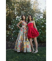Mac Duggal Strapless Rose Bubble Hem Satin Mini Dress