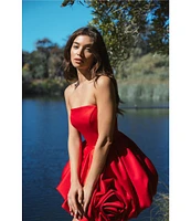 Mac Duggal Strapless Rose Bubble Hem Satin Mini Dress