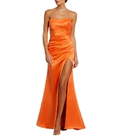 Mac Duggal Strapless Ruched Satin Sheath Gown