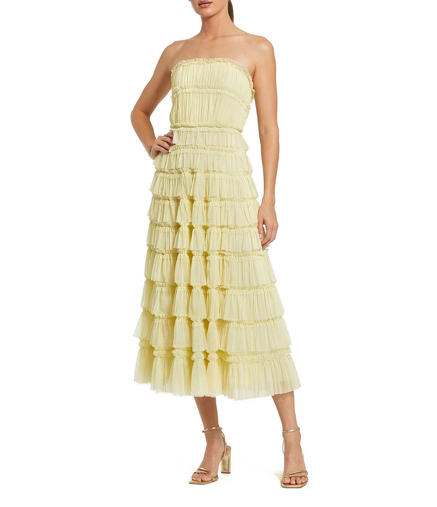 Mac Duggal Strapless Tiered Micro Ruffle Mesh A-Line Midi Dress