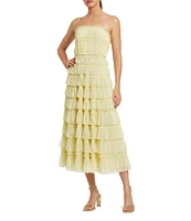 Mac Duggal Strapless Tiered Micro Ruffle Mesh A-Line Midi Dress