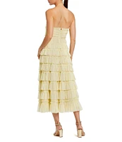 Mac Duggal Strapless Tiered Micro Ruffle Mesh A-Line Midi Dress