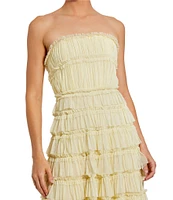 Mac Duggal Strapless Tiered Micro Ruffle Mesh A-Line Midi Dress