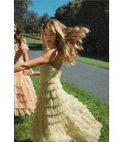 Mac Duggal Strapless Tiered Micro Ruffle Mesh A-Line Midi Dress