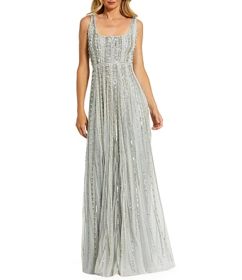 Mac Duggal Striped Beaded Embellished Mesh Scoop Neck Thin Straps Gown