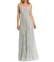 Mac Duggal Striped Beaded Embellished Mesh Scoop Neck Thin Straps Gown