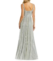 Mac Duggal Striped Beaded Embellished Mesh Scoop Neck Thin Straps Gown