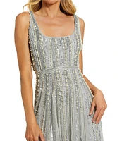 Mac Duggal Striped Beaded Embellished Mesh Scoop Neck Thin Straps Gown