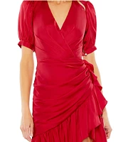 Mac Duggal Surplice V-Neck Faux Wrap Short Puff Sleeve Ruched Waist Asymmetrical Ruffle Hem Dress