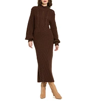 Mac Duggal Sweater Knit Turtleneck Long Balloon Sleeve Midi Dress