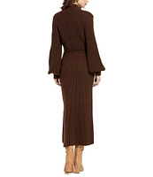 Mac Duggal Sweater Knit Turtleneck Long Balloon Sleeve Midi Dress