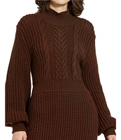 Mac Duggal Sweater Knit Turtleneck Long Balloon Sleeve Midi Dress