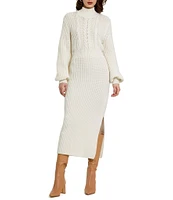 Mac Duggal Sweater Knit Turtleneck Long Balloon Sleeve Midi Dress