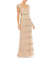 Mac Duggal Sweetheart Neck Cap Sleeve Teired Sequin Column Gown