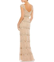 Mac Duggal Sweetheart Neck Cap Sleeve Teired Sequin Column Gown