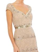 Mac Duggal Sweetheart Neck Cap Sleeve Teired Sequin Column Gown