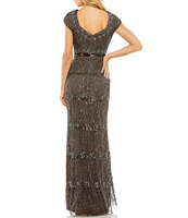 Mac Duggal Sweetheart Neck Cap Sleeve Teired Sequin Column Gown