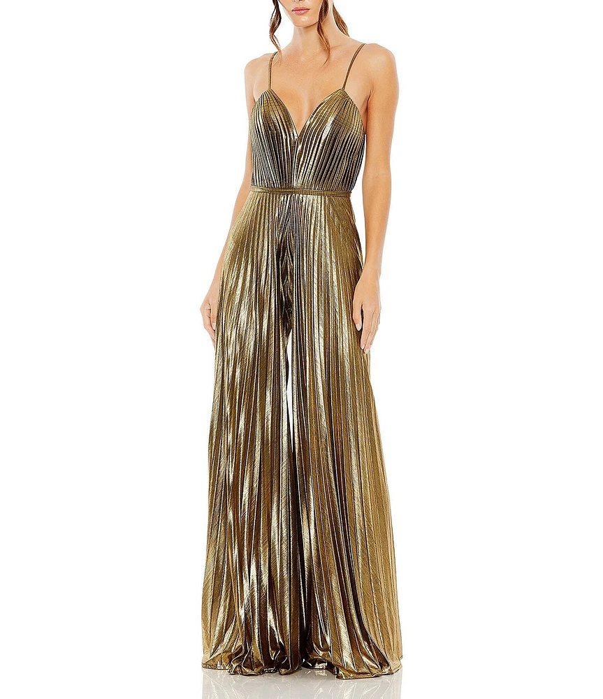 Mac Duggal V-Neck Pleated Sleeveless Jumpsuit