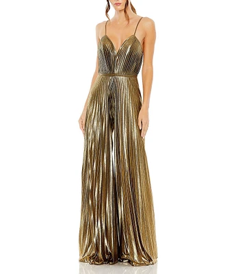 Mac Duggal V-Neck Pleated Sleeveless Jumpsuit