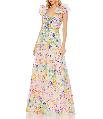 Mac Duggal Sweetheart Neck Ruffle Shoulder V-Back Sequined Lace A-Line Gown