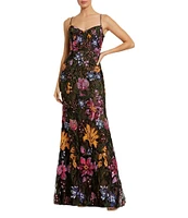 Mac Duggal Sweetheart Neck Sleeveless Floral Sequin Embroidered Mesh Sheath Gown