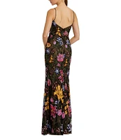 Mac Duggal Sweetheart Neck Sleeveless Floral Sequin Embroidered Mesh Sheath Gown