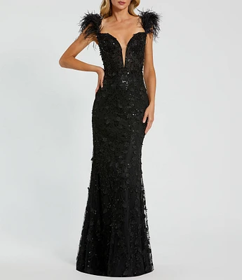 Mac Duggal Sweetheart Neck Sleeveless Spaghetti Strap Feather Trim Sheer Applique Bustier Mermaid Gown