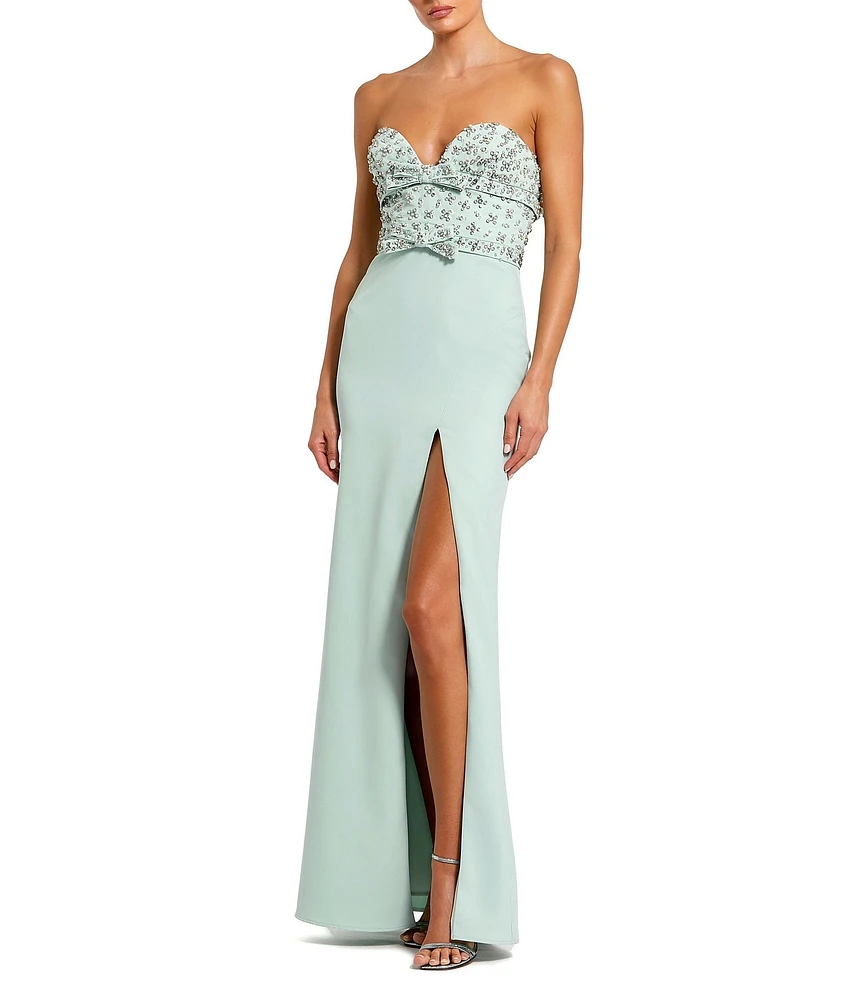 Mac Duggal Sweetheart Strapless Rhinestone Trim Bow Front Crepe Column Gown