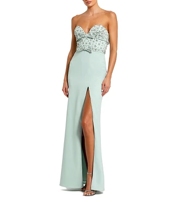 Mac Duggal Sweetheart Strapless Rhinestone Trim Bow Front Crepe Column Gown