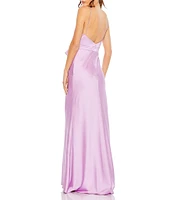 Mac Duggal Sweetheart Strapless Rhinestone Trim Bow Front Satin Charmeuse Column Gown
