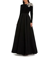 Mac Duggal Taffeta Round Neck Flower Applique Long Sleeve Ball Gown