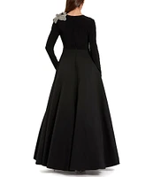 Mac Duggal Taffeta Round Neck Flower Applique Long Sleeve Ball Gown