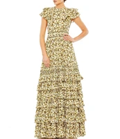 Mac Duggal Tiered Floral Chiffon Crew Neck Flutter Sleeve Tiered Ruffle Gown