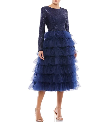 Mac Duggal Tiered Ruffle Crew Neck Long Sleeve Midi Dress