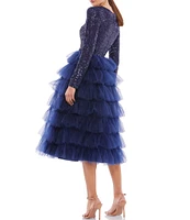 Mac Duggal Tiered Ruffle Crew Neck Long Sleeve Midi Dress